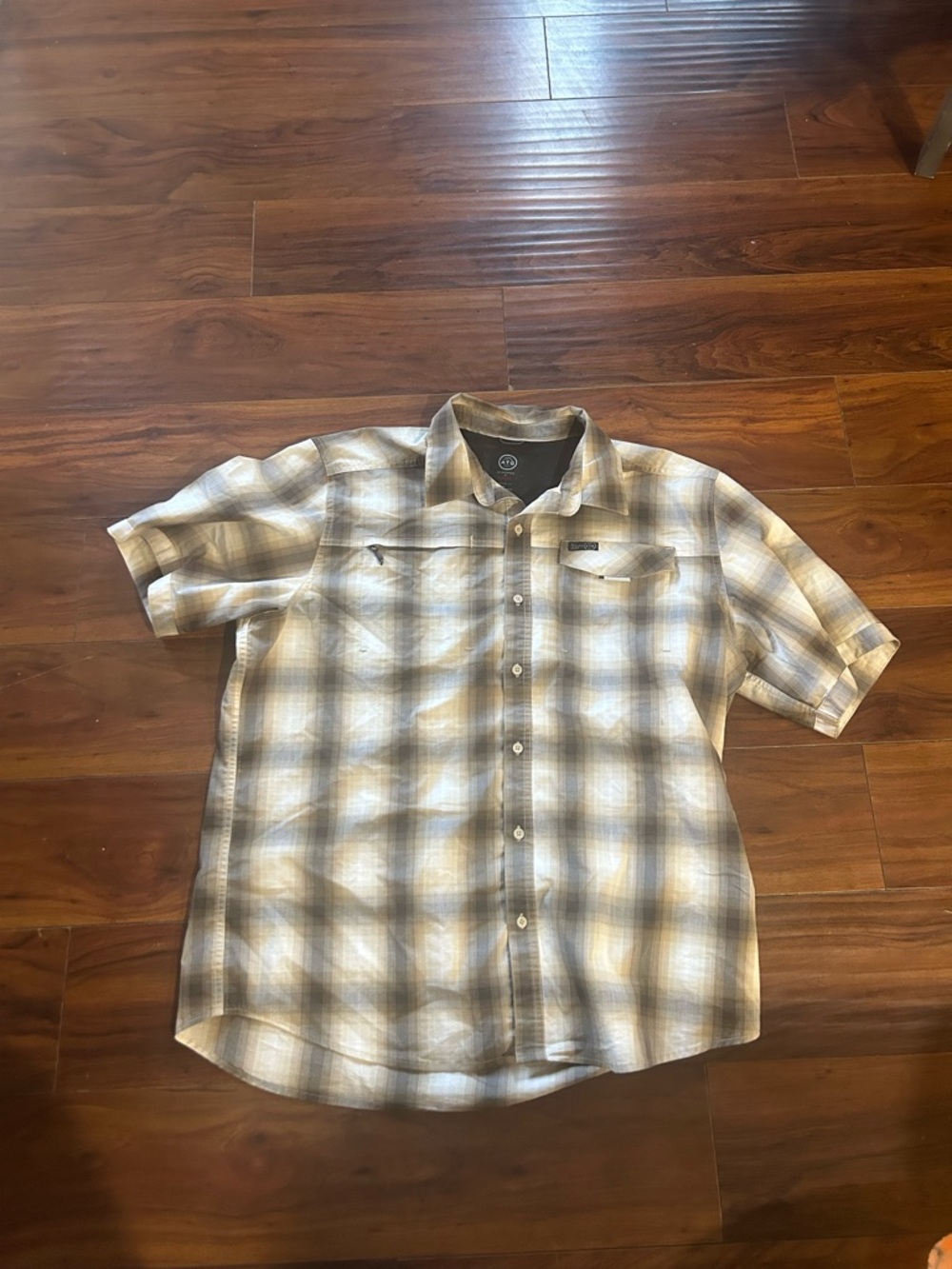 Men's Short Sleeve Plaid Button-Up Shirt - Light Brown/Gray, Wrangler XL, hiking